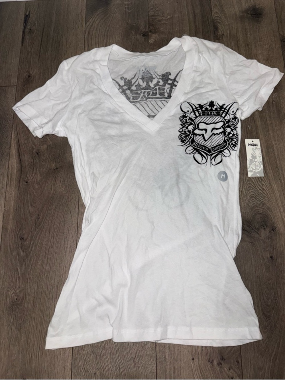 Fox White V-Neck Tee with Black Crest Logo